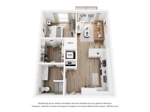 Floor plan for 1 bed, 1 bath, 709 sqft